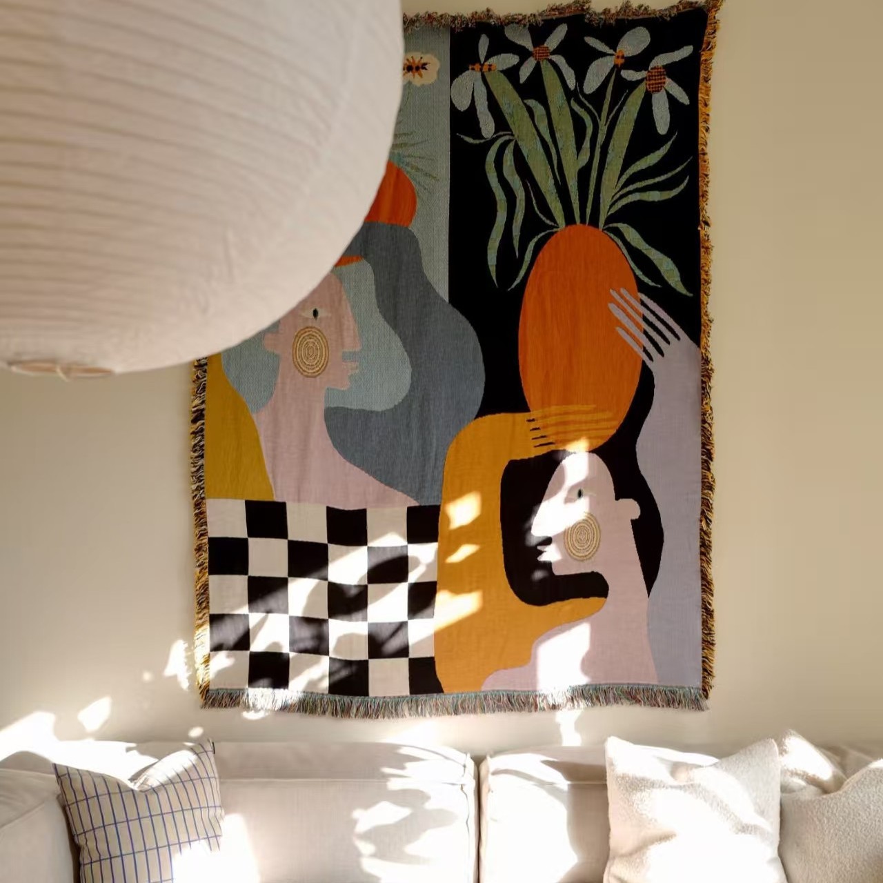 Boho Throw Blanket Fringe - Nowoczesna abstrakcyjna gobelina artystyczna w stylu