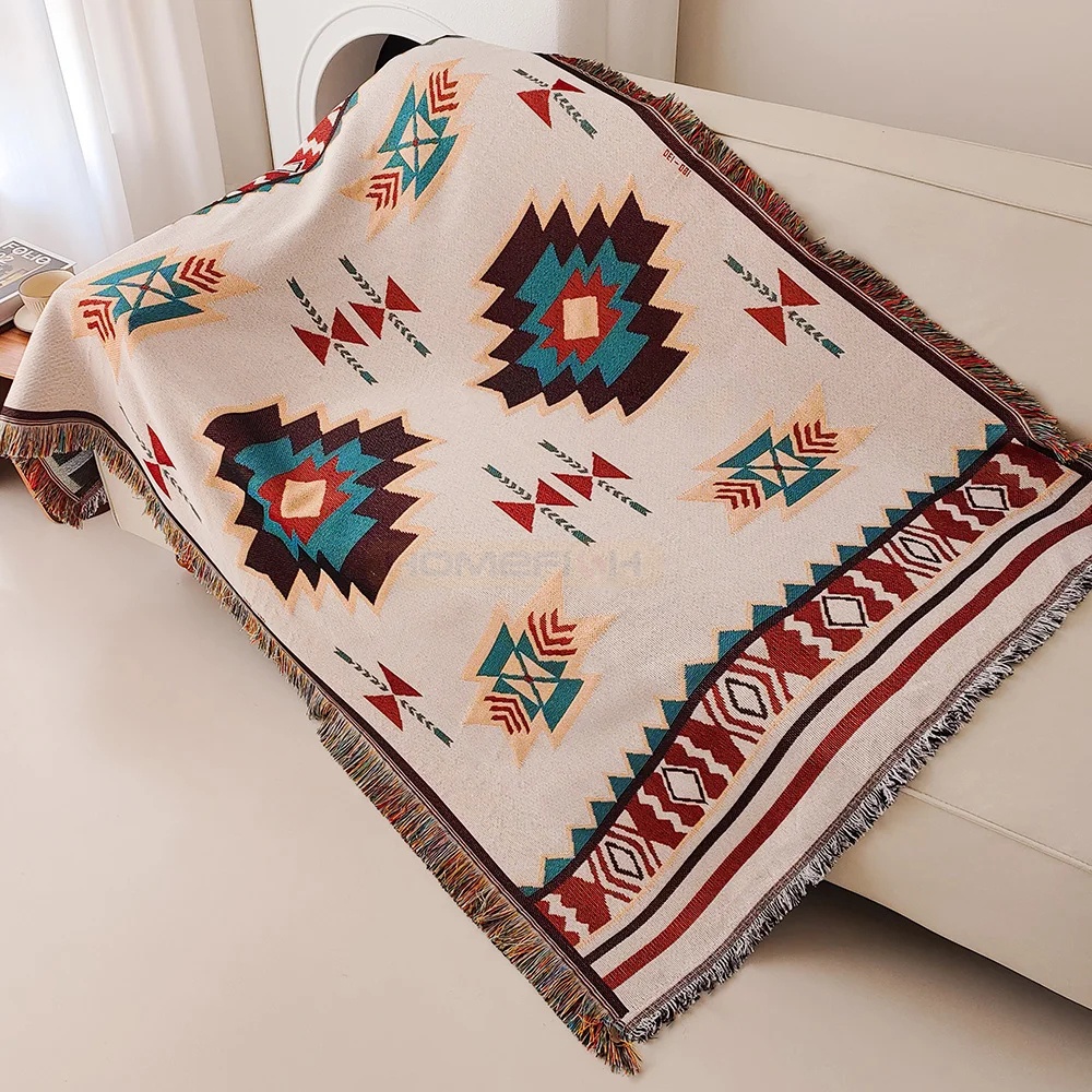 Boho Throw Blanket Fringe - Koc Aztec Oversized Boho z Frędzlami,