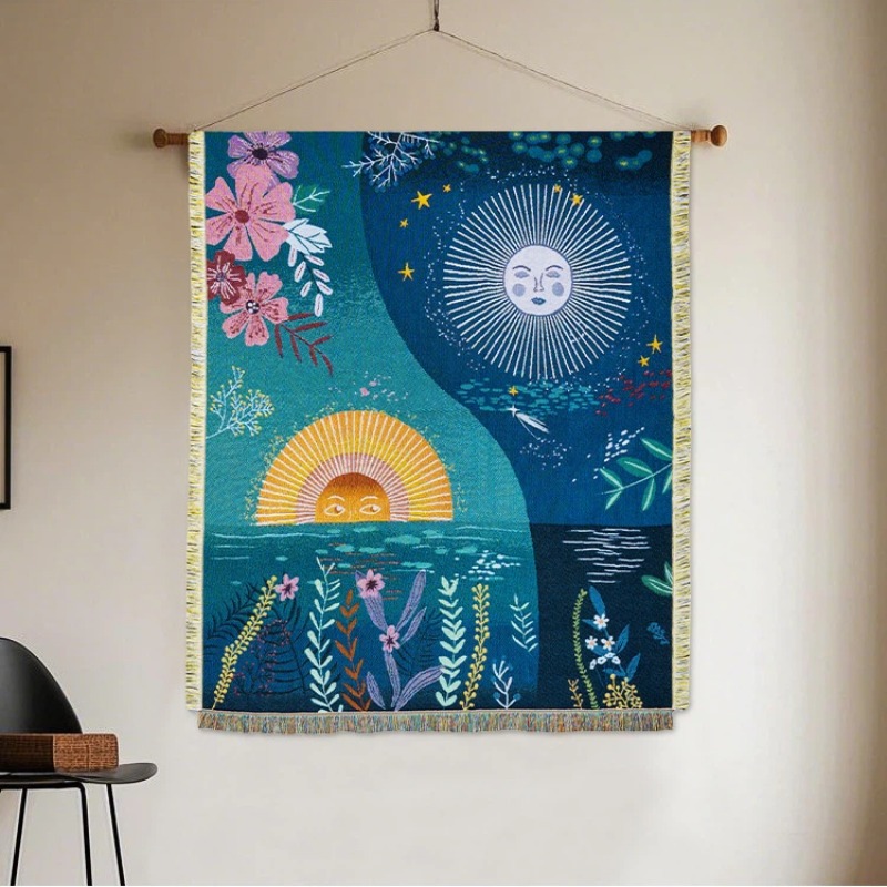 Boho Throw Blanket Fringe - Gobelin z motywem nieba, słońca i
