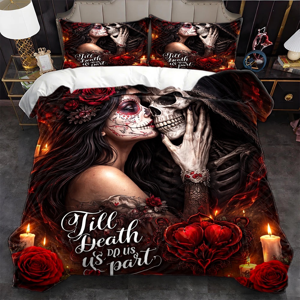 Duvet Cover Sets With Zipper - 3-częściowy zestaw pościeli z motywem czaszki