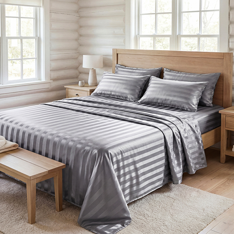 Fitted Bed Sheets Deep Pocket - Zestaw pościeli z satyny w paski,